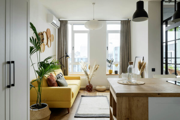 Living room with plush couch, potted plants, and large windows.
