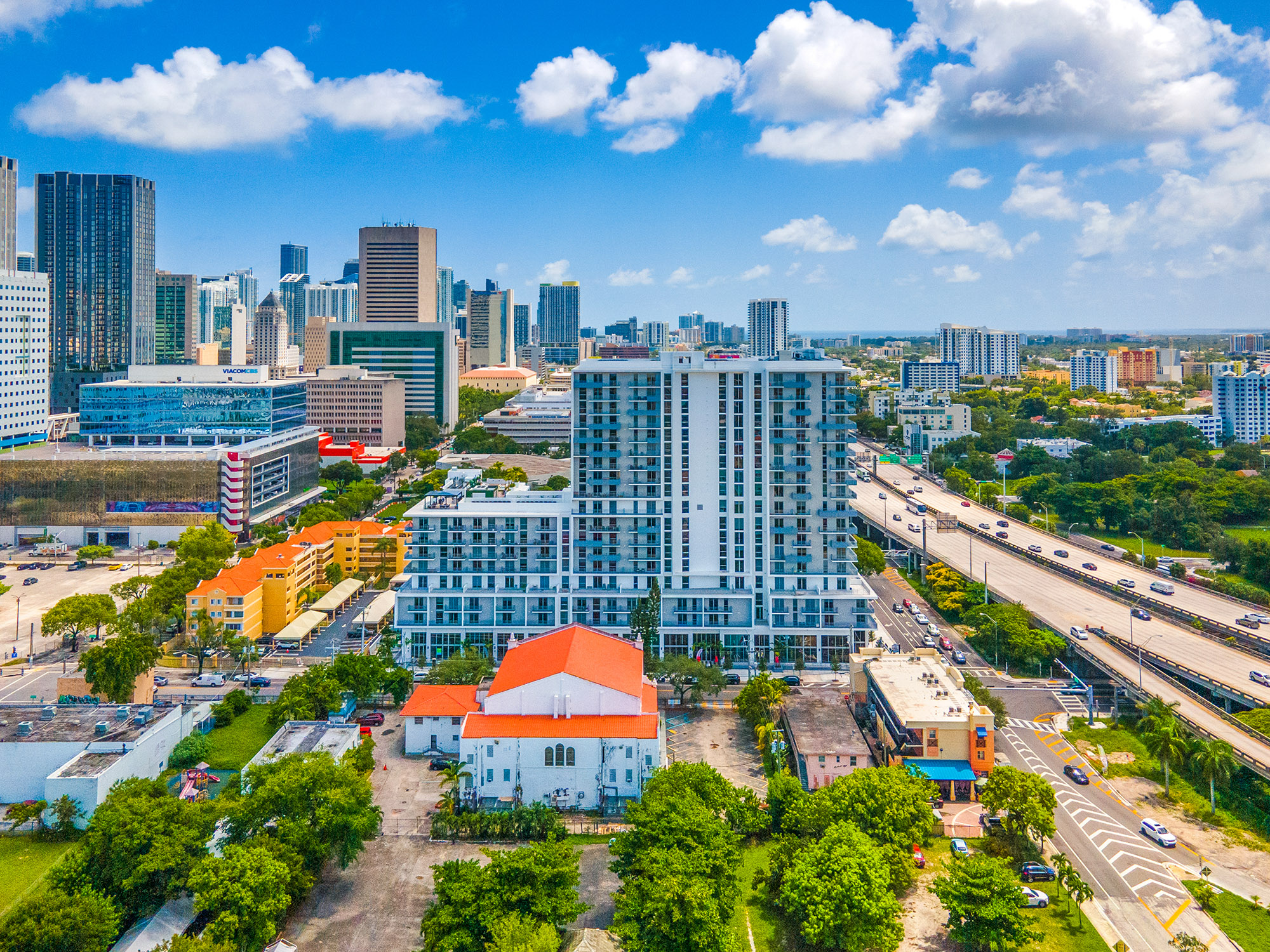 Aerial view of apartment building in Miami, Florida.