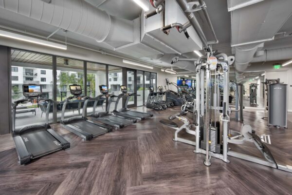 Fitness center with wood style floor, cardio machines, and weight equipment.