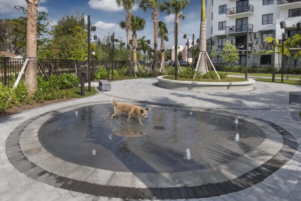 Dog park with splash pad and stone paver patio.