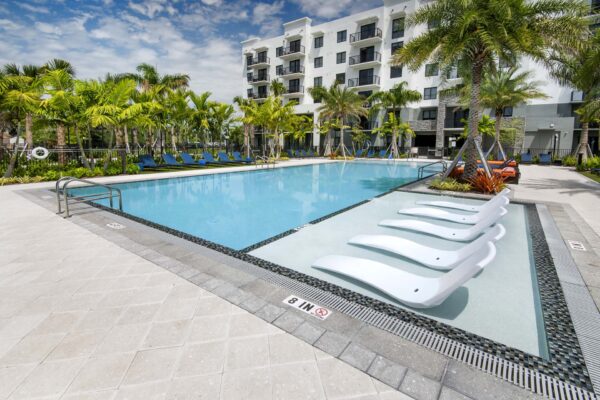 Pool area with lounge chairs and tall palm trees.