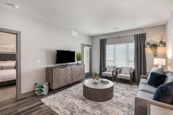 Apartment living room with large rug, plush couch with pillows, console with TV, and large window.