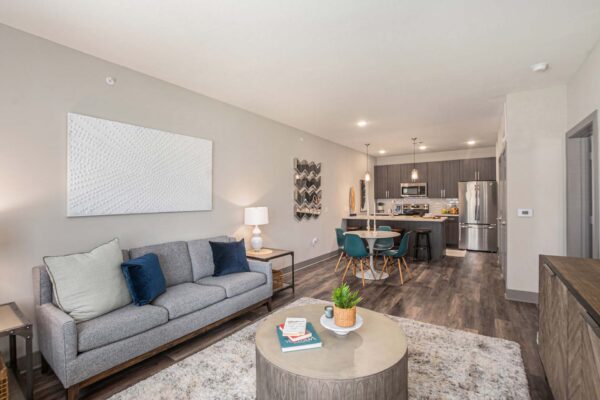 Apartment living area with large rug, plush couch with pillows, dining table, and contemporary kitchen.