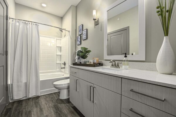 Bathroom with wood style floor, gray cabinets, light counters, framed mirror, and tiled shower tub.