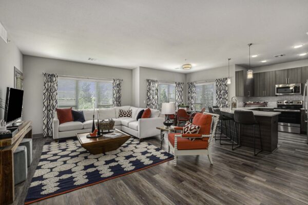 Apartment living area with contemporary kitchen, sitting area with plush couch, and large windows.