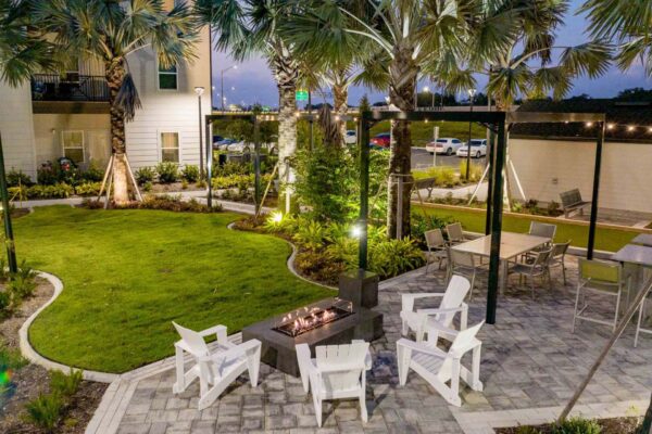 The Avery apartments outdoor lounge.