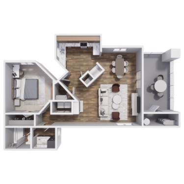 Rendering of the 1B floor plan with 1 bedroom[s] and 1 bathroom[s] at Pavilions at Arrowhead