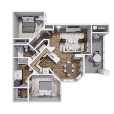 Rendering of the 2A floor plan with 2 bedroom[s] and 2 bathroom[s] at Pavilions at Arrowhead