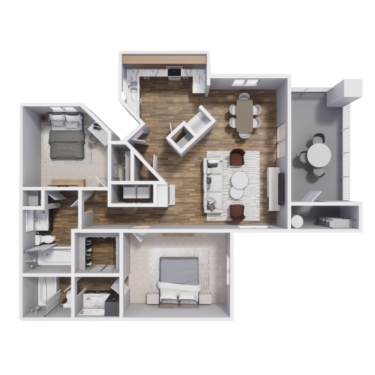 Rendering of the 2B floor plan with 2 bedroom[s] and 2 bathroom[s] at Pavilions at Arrowhead