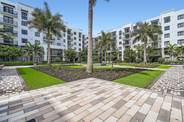 Sanctuary Doral apartments courtyard with stone paver walkways and tall palm trees.