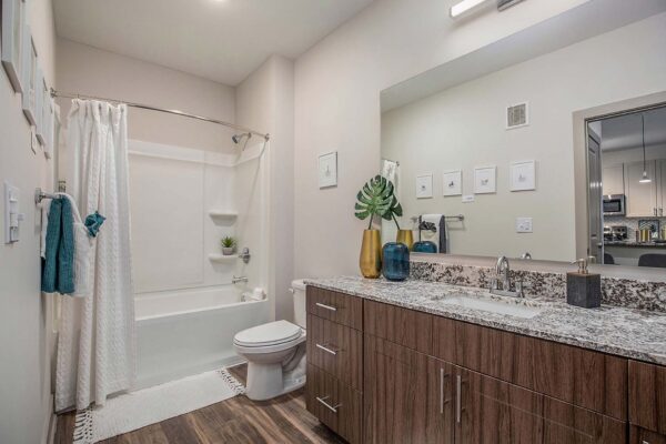 Arte KC apartment bathroom with wood style floor and cabinets, stone counters, and shower/tub with curtain.
