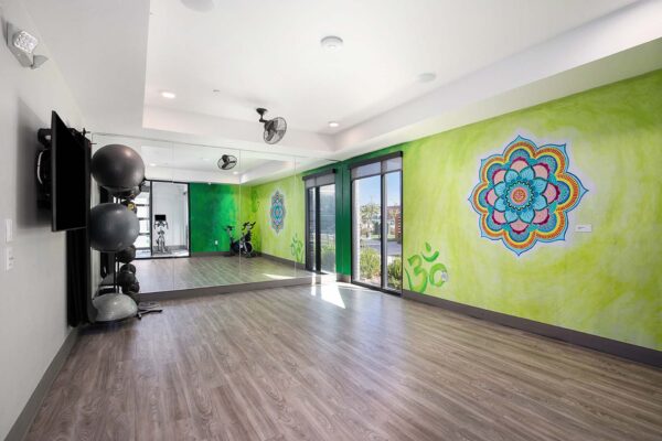 Arte KC yoga room with mirror wall and colorful mural.