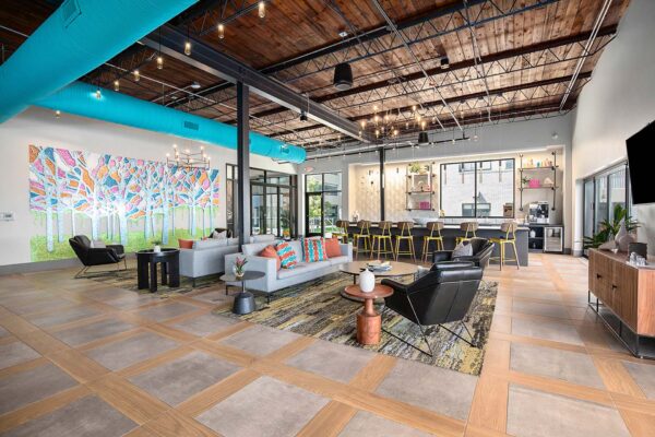 Clubroom lounge at Arte KC with plush seating, colorful artwork, and community kitchen.