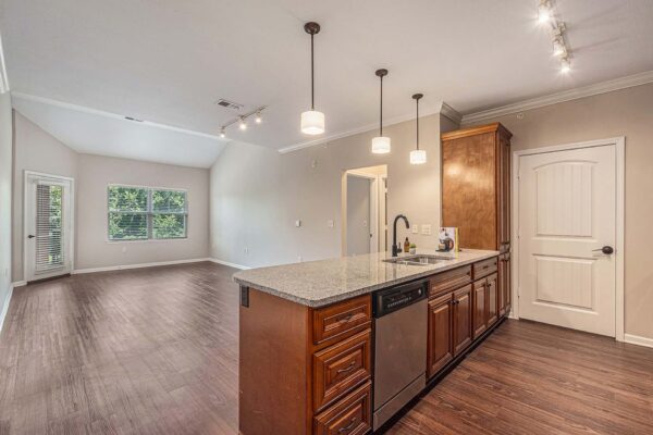 Highlands Lodge apartment living space with wood style floors, breakfast bar with pendant lights, and vaulted ceiling.