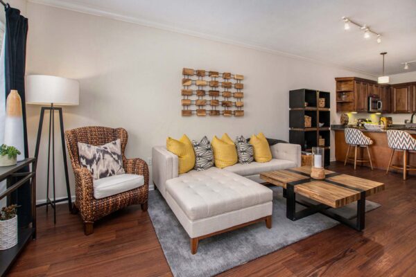 Highlands Lodge apartment living room with wood style floor, plush couch, rustic artwork, and large lamp.
