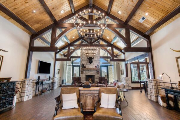 Highlands Lodge apartments clubhouse with rustic wood architecture and vaulted ceilings.