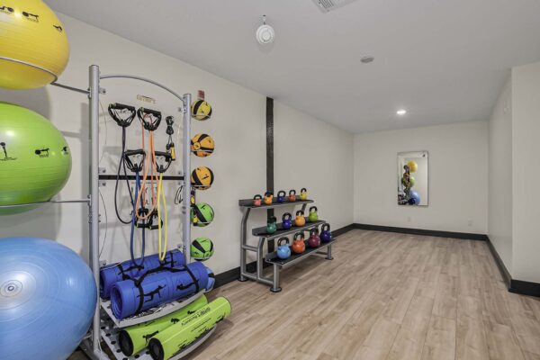 Kenilworth apartments fitness center with calisthenics equipment.