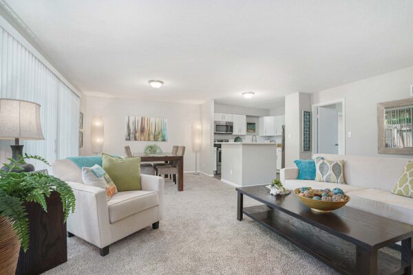 Kenilworth apartment living room with carpet, plush seating, and bright decor.