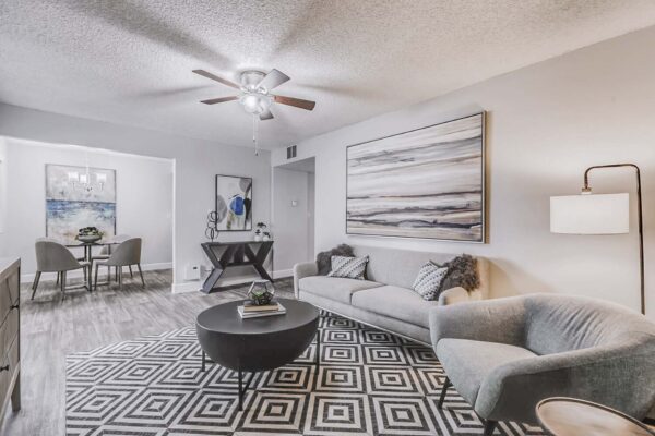 Latitude apartment living room with pattern rug, plush seating, ceiling fan, and large artwork.