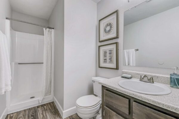Latitude apartment bathroom with wood style floor and cabinets, light counters, framed artwork, and shower.