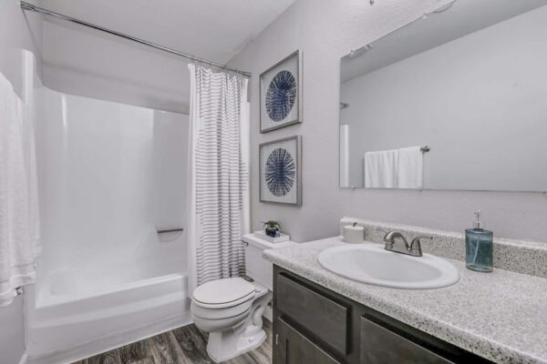 Latitude apartment bathroom with wood style floor and cabinets, light counters, framed artwork, and shower tub.
