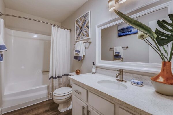 Latitude apartment bathroom with wood style floor, white cabinets and counters, framed mirror, and shower tub.
