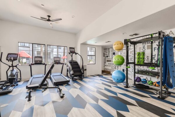 Mandarina apartments fitness center with cardio machines, weight equipment, and large windows.