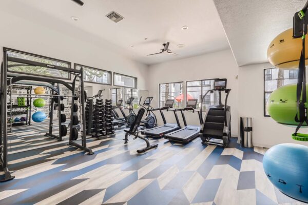 Mandarina apartments fitness center with cardio machines, weight equipment, and large windows.