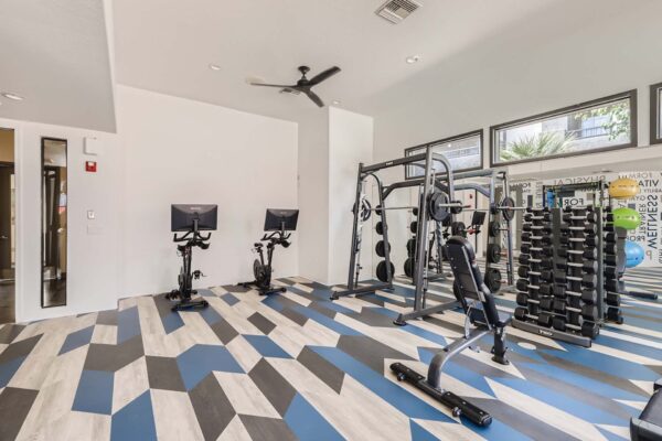Mandarina apartments fitness center with cardio machines, weight equipment, and large windows.