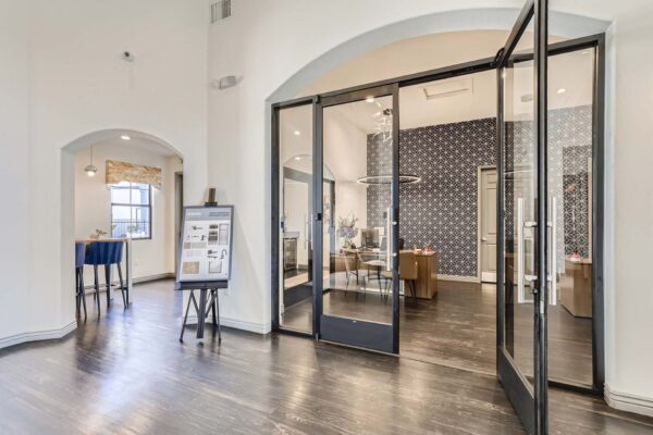 Mandarina apartments lobby with leasing office and main atrium.