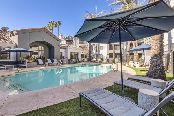 Mandarina apartments pool area with lounge chairs, umbrellas, and tall palm trees.
