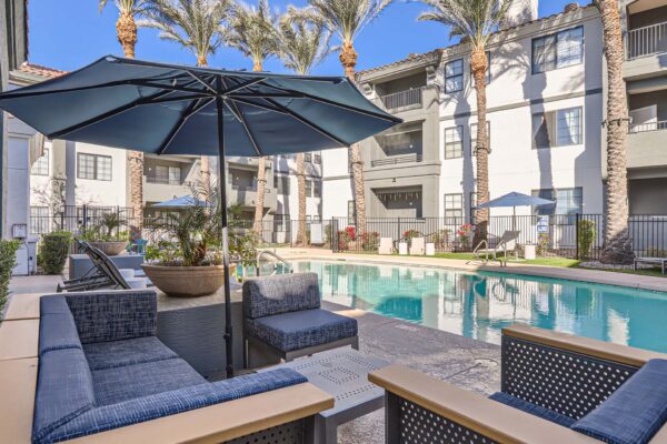 Mandarina apartments pool area with lounge chairs, umbrellas, and tall palm trees.