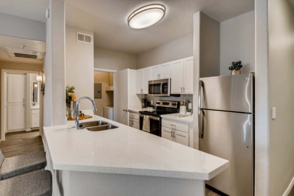 Mandarina apartment kitchen with white cabinets and counters and stainless steel appliances.
