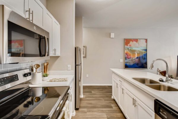 Mandarina apartment kitchen with wood style floor, white cabinets and counters, and stainless steel appliances.