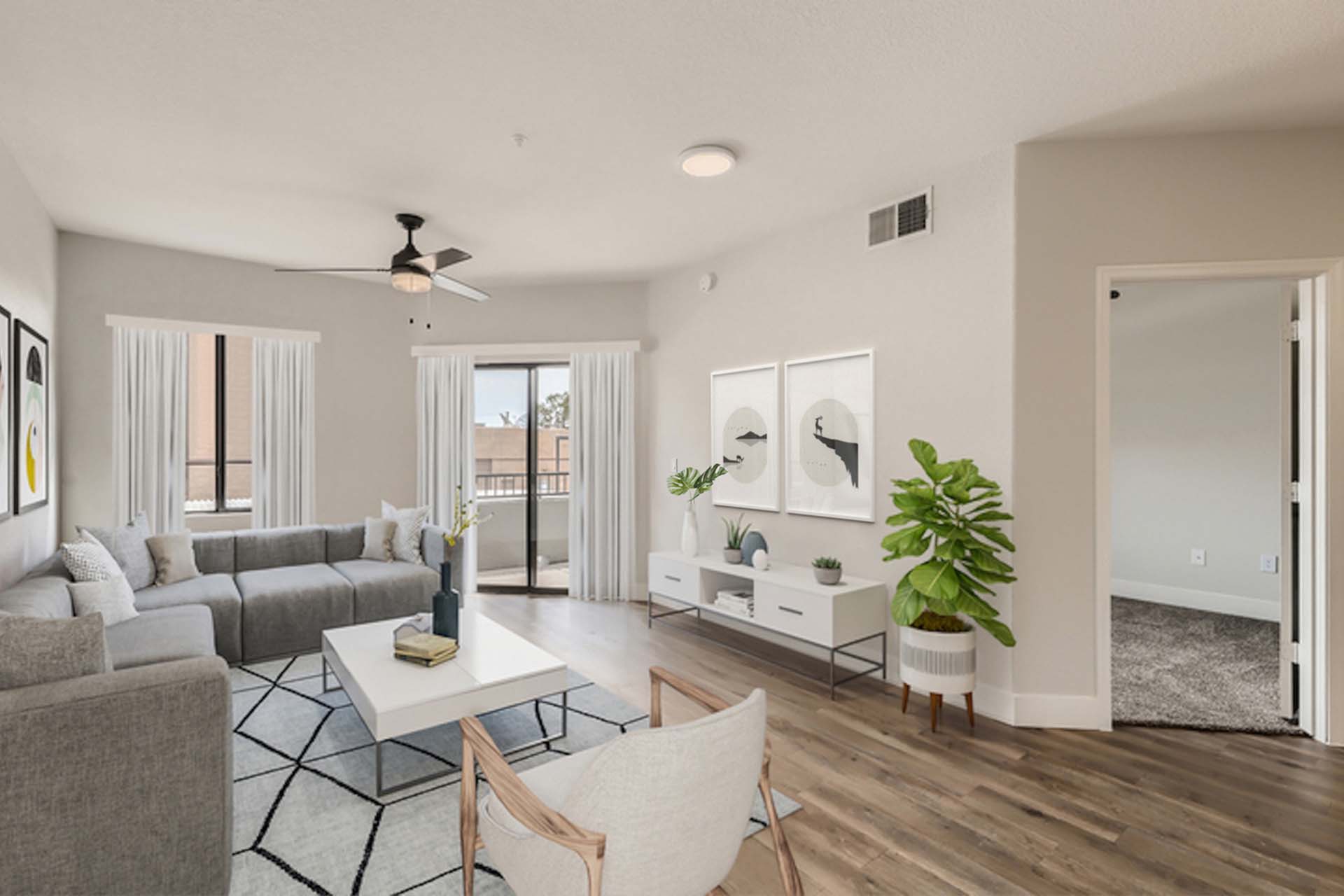Staged example: furnished apartment living area shown at Mandarina.