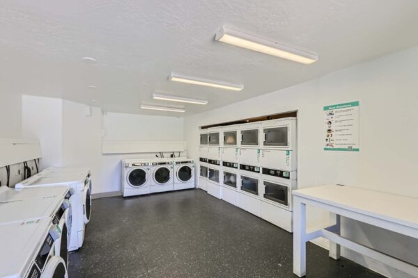 Omnia on Thomas apartments laundry room with washer dryer machines and folding tables.