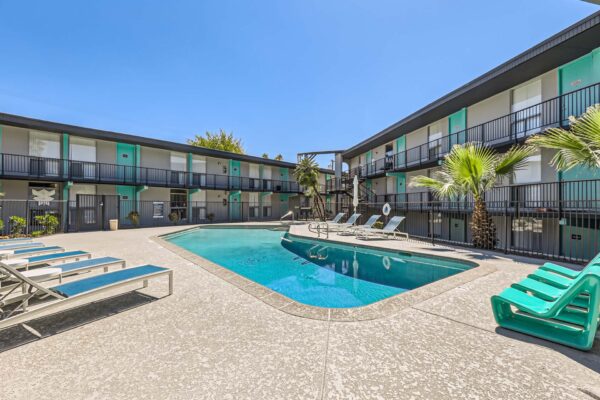 Omnia on Thomas apartments pool area with lounge chairs and tall palm trees.