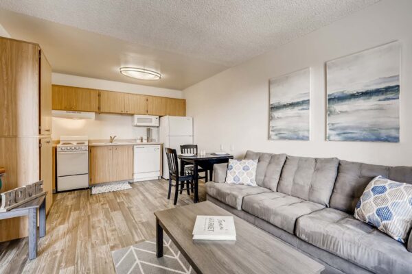 Overlook at Sunset Point apartment living space with wood style floor, plush seating, and kitchen.