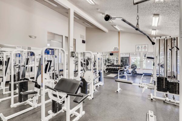 Overlook at Sunset Point apartments fitness center with cardio machines and weight equipment.