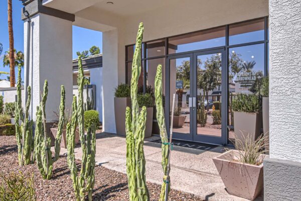Pavilions at Arrowhead apartment entrance with large glass windows and tall cactuses.