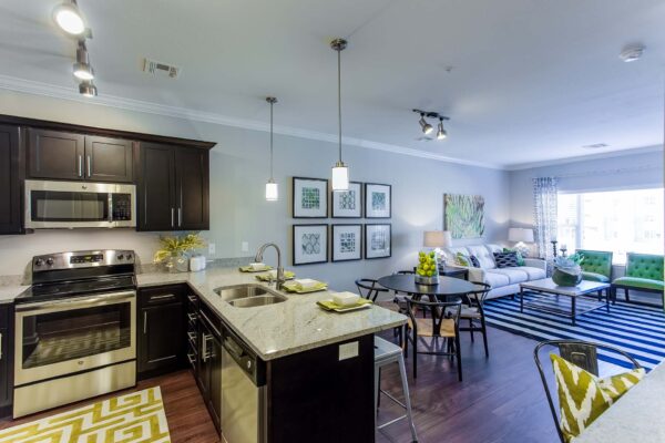 Prairie View at Village West apartment living area with modern kitchen and comfortable seating.