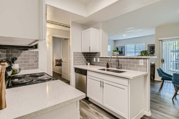 Springs at Alta Mesa apartment kitchen with wood style floor, white cabinets and counters, and stainless steel appliances.