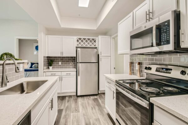 Springs at Alta Mesa apartment kitchen with wood style floor, white cabinets and counters, and stainless steel appliances.