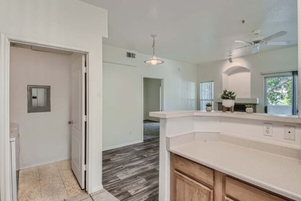 Springs at Alta Mesa apartment living area with kitchen, living room with fireplace, and laundry room.