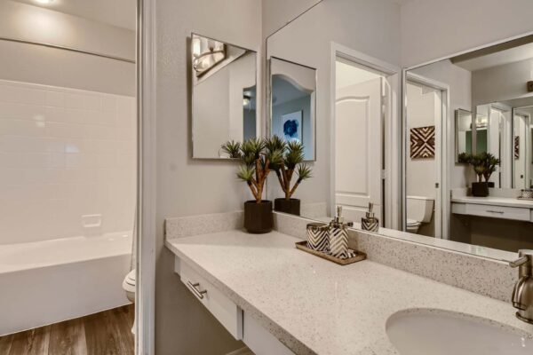 Springs at Alta Mesa apartment bathroom with wood style floor, white counters, large mirror, and tiled shower tub.