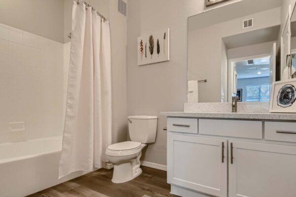 Springs at Alta Mesa apartment bathroom with wood style floor, white cabinets and counters, and tiled shower tub.