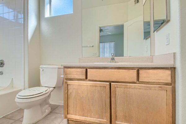 Springs at Alta Mesa apartment bathroom with tile floor, wood cabinets, large mirror, and tiled shower tub.