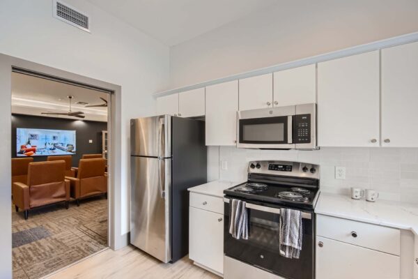 Springs at Alta Mesa apartment kitchen with wood style floor, white cabinets and counters, and stainless steel appliances.