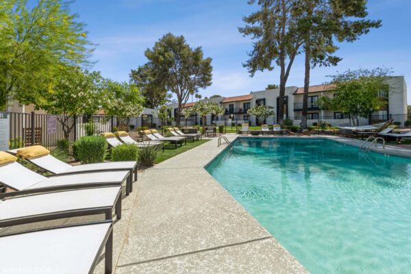 Tempe Vista apartments pool area with lounge chairs and hammocks.