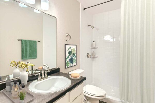 Tempe Vista apartment bathroom with white cabinets, dark counters, and tiled shower.